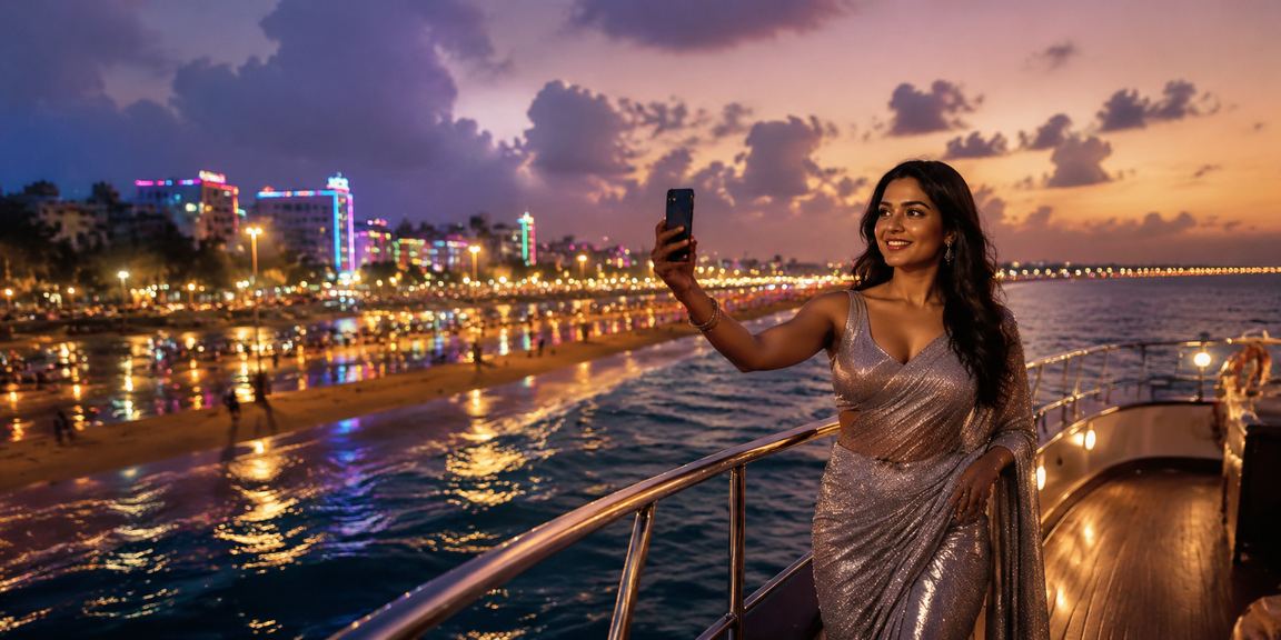Mobile casino neon lights at Chennai Marina Beach, vibrant gaming scene