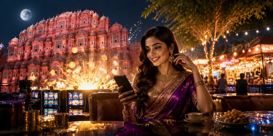 Night market scene with mobile casino player in Jaipur